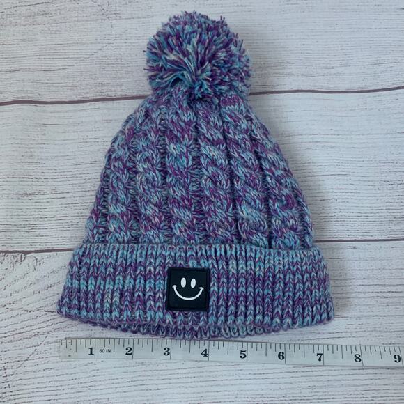 Kids Blue and Purple Stocking Hat with Pom Folded Cuff Fleece Interior Small - Picture 9 of 12